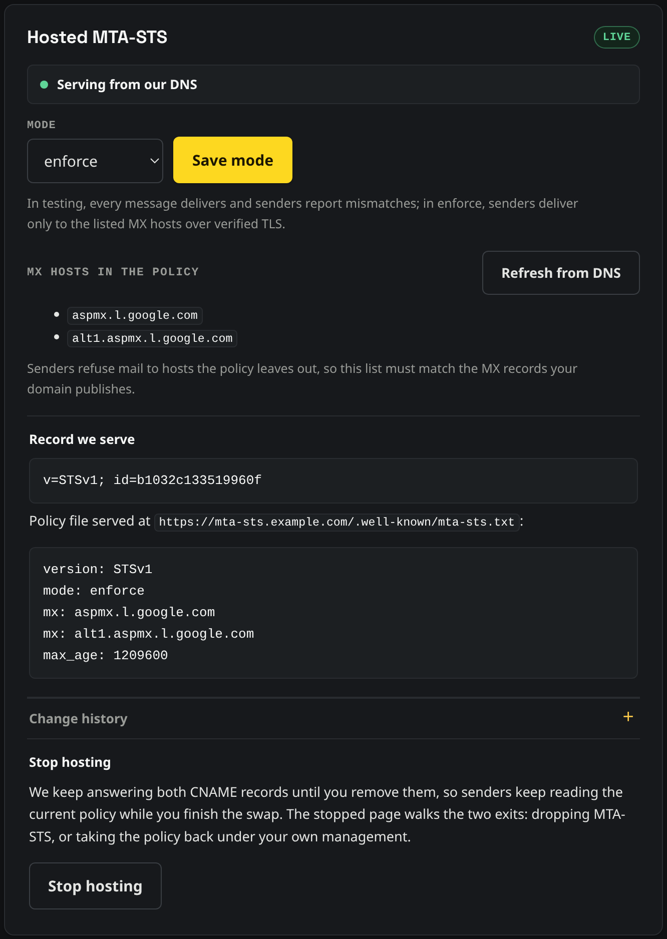 The hosted MTA-STS card in enforce mode: the live badge, the mode control, and the two MX hosts read from DNS.